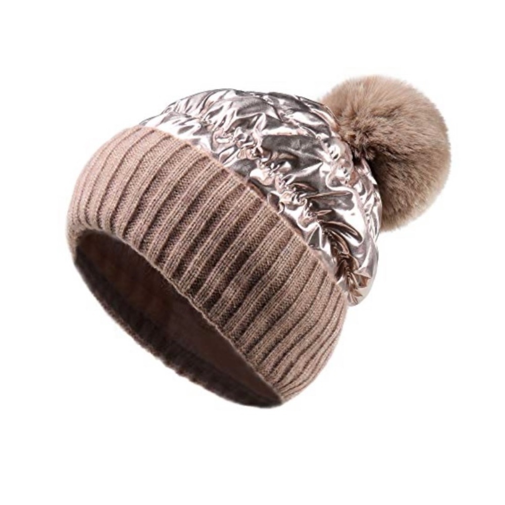 Pilipala warm soft boutique Pom Pom Gold Beanie Hat nwt new ski winter trendy​​​